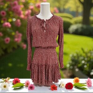 Boho Smocked Mini Dress Rust Ruffle‎ Hem Cottagecore Fall Festival Long Sleeve
